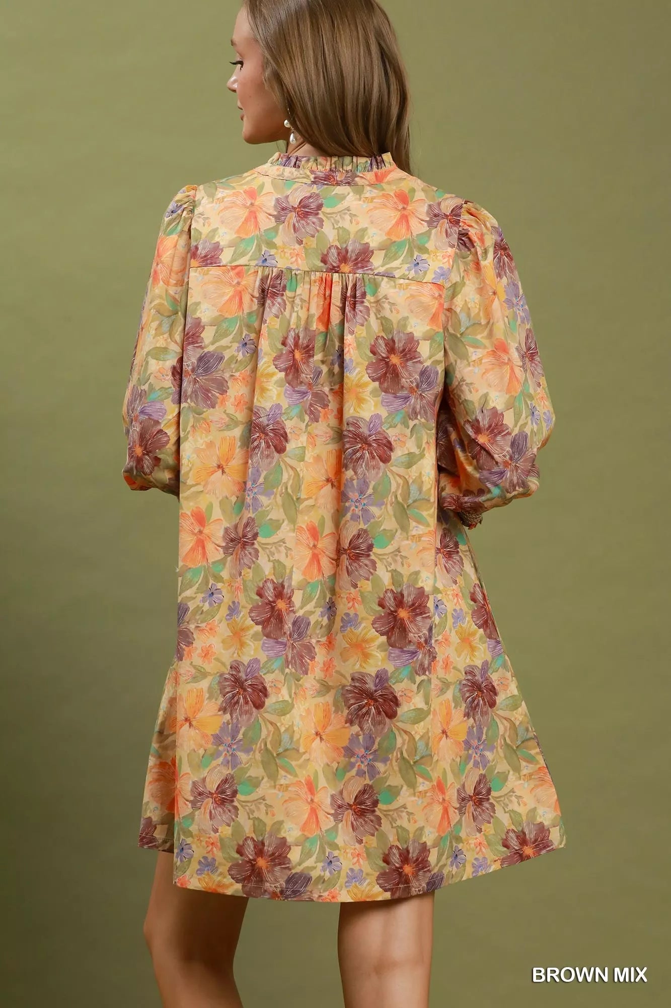 Mix Floral Print Smocked Cuff Mini Dress Umgee