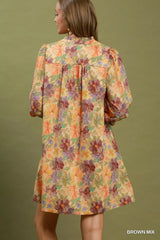 Mix Floral Print Smocked Cuff Mini Dress Umgee