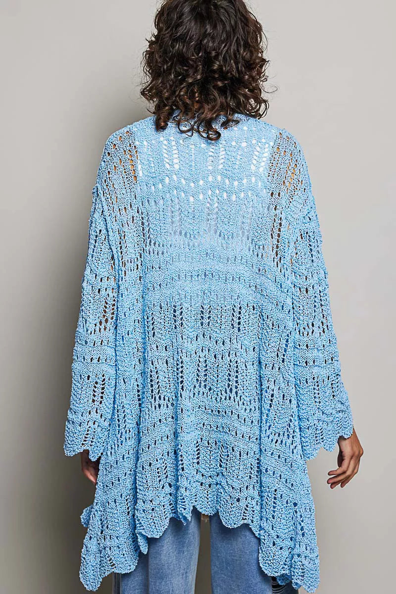Openwork Lightweight Open Front Cardigan with Scalloped Edge POL