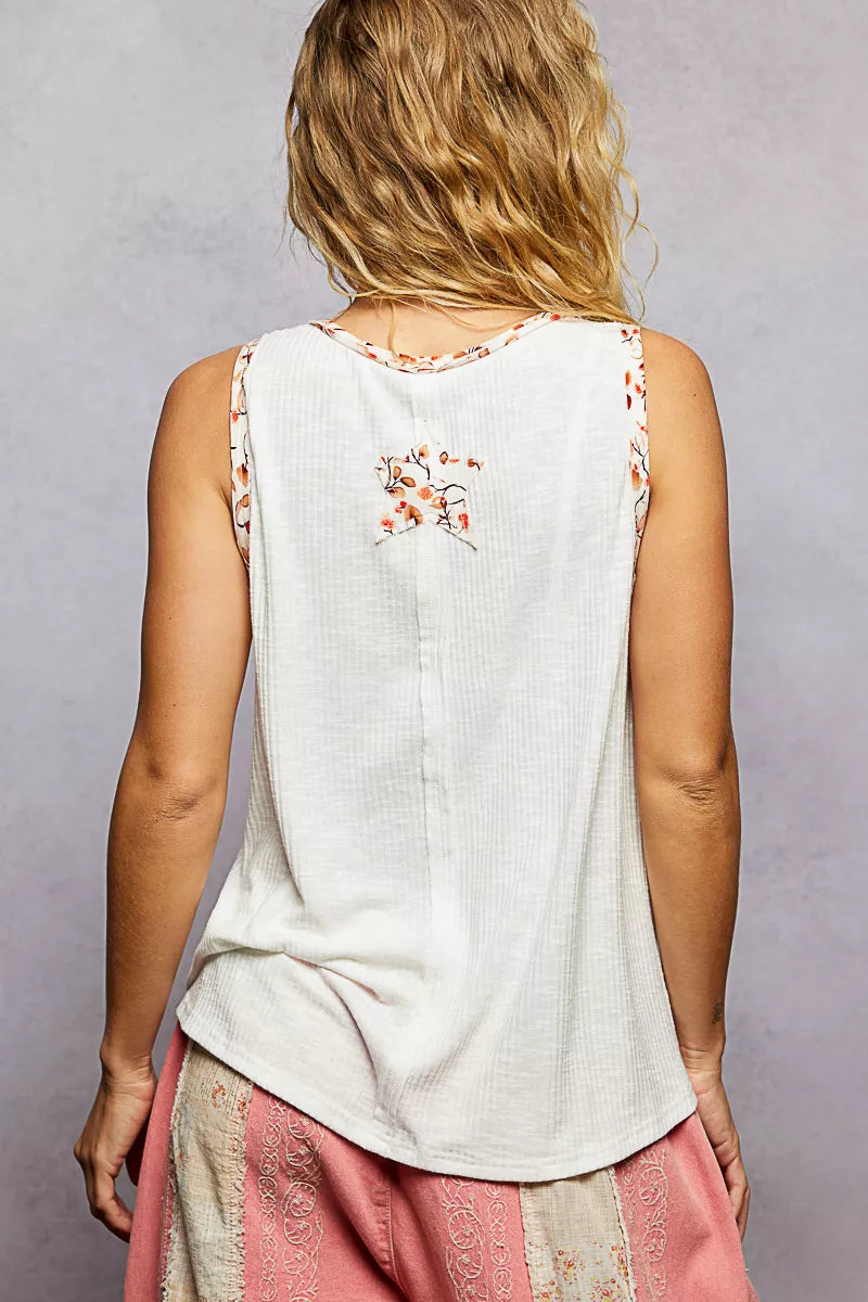Floral Print Star Patch V-Neck Ribbed Tank POL