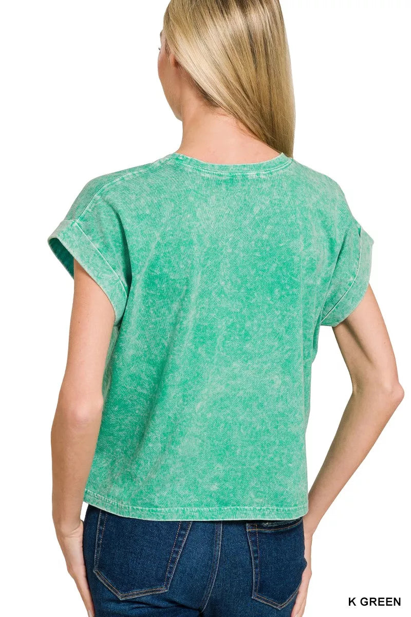 Halo Washed Cotton Cuffed Short Sleeve Top ZENANA