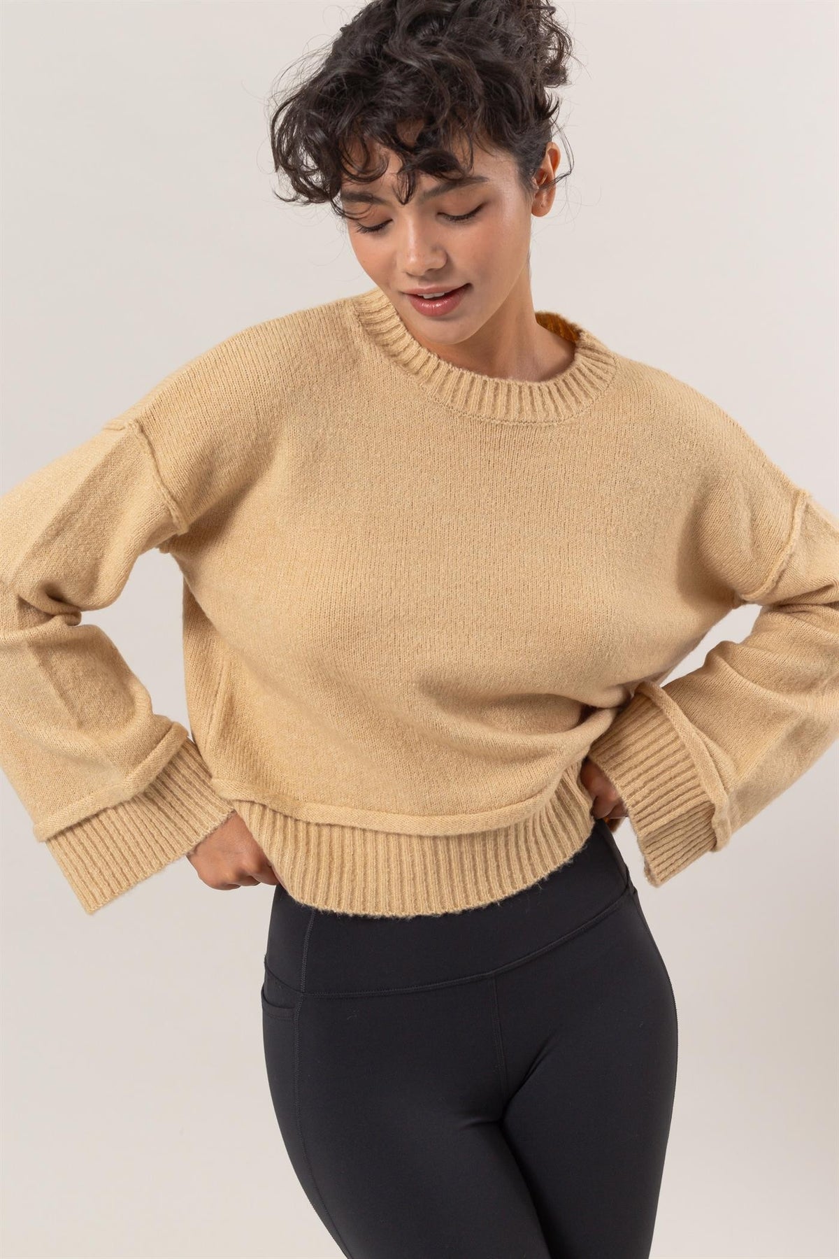 Round Neck Dropped Shoulder Ribbed Sweater HYFVE Taupe S 