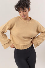 Round Neck Dropped Shoulder Ribbed Sweater HYFVE Taupe S 