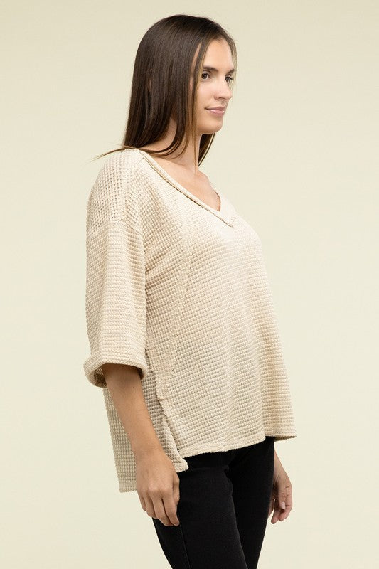 Brushed Waffle Relaxed 3/4 Sleeve Top ZENANA   