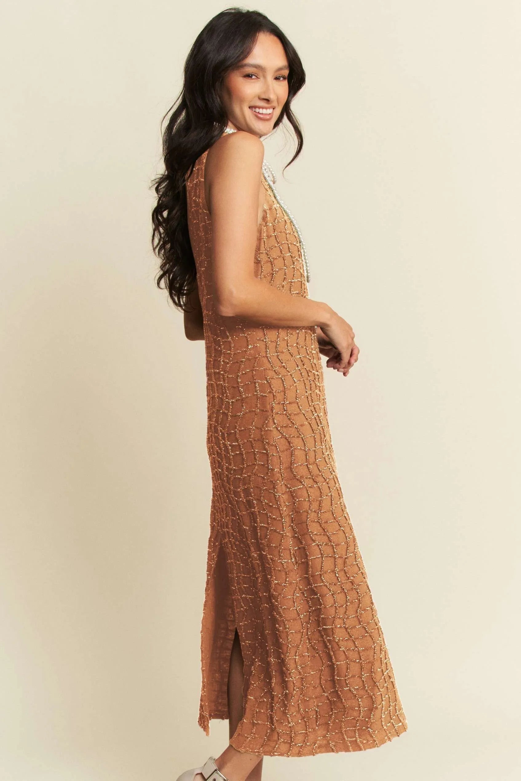 Golden Textured Zippered Midi Dress Davi & Dani