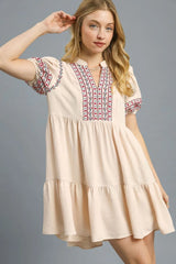 Floral Trim Puff Sleeve Mini Dress Umgee Tan S