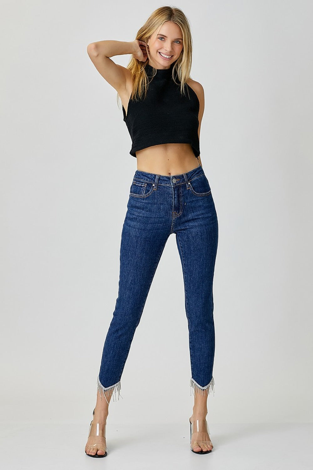 Embellished Mid Rise Crop Skinny Jeans Risen   