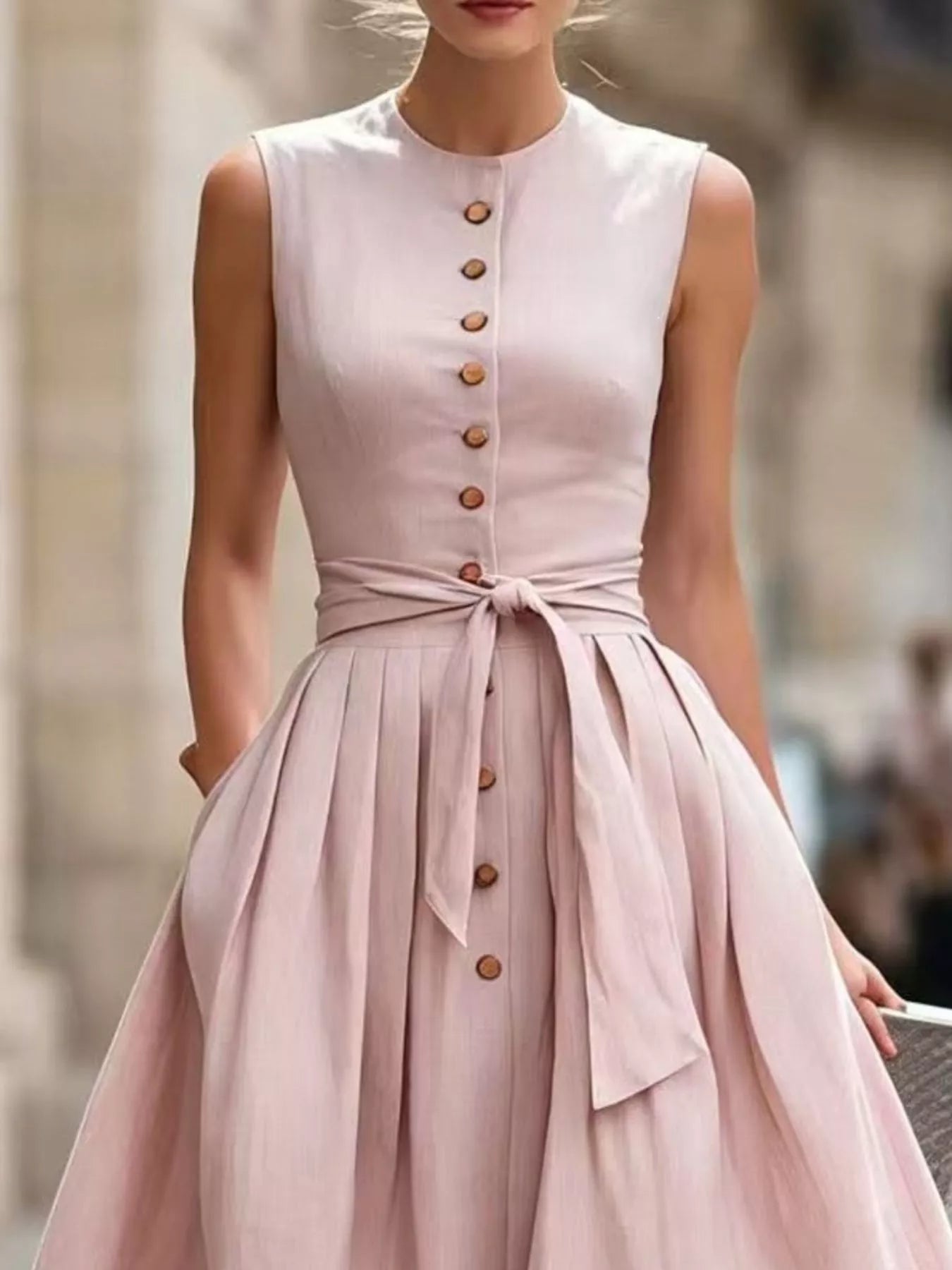 Sleeveless Button-Front Belted Midi Dress Simmer & Fay