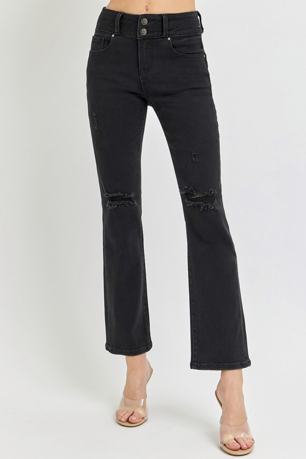 High Rise Wide Waistband Ankle Bootcut Jeans Risen   