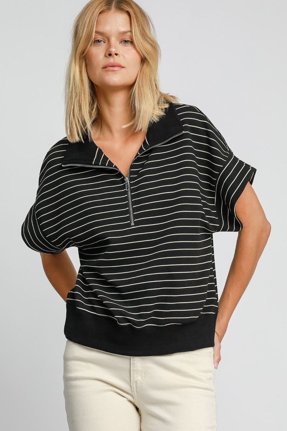 Striped Half Zip Short Sleeve Sweatshirt Umgee Black S