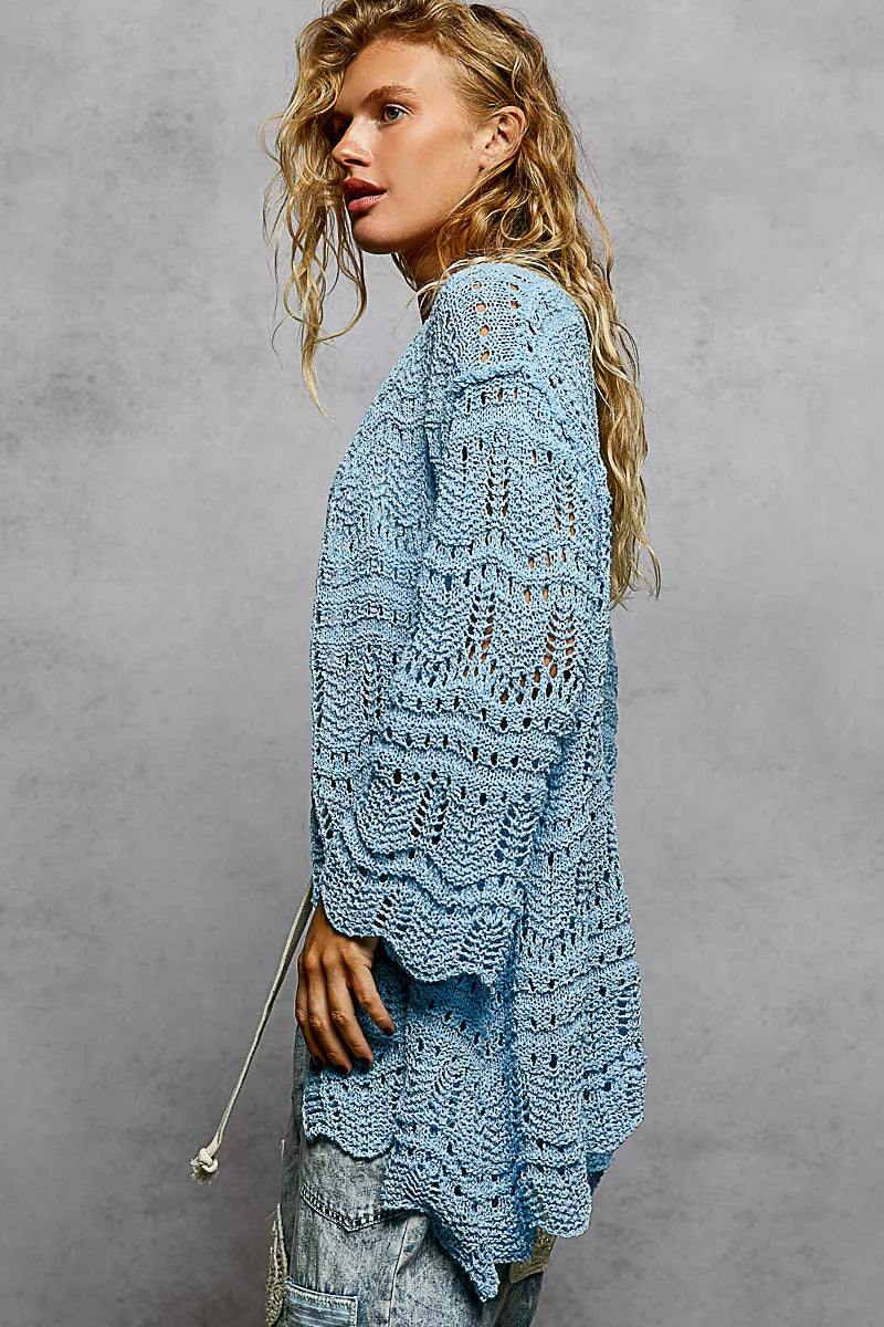 Openwork Lightweight Open Front Cardigan with Scalloped Edge POL