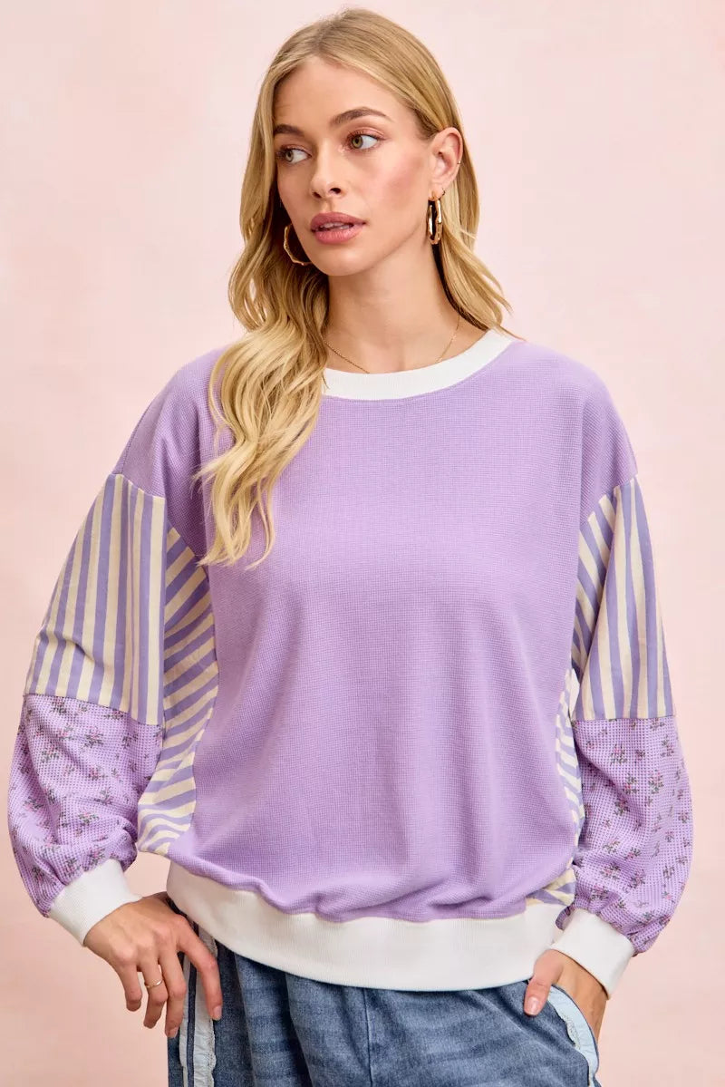 Mix and Match Sweatshirt with Floral Sleeve Striped BiBi LAVENDER COMBO S