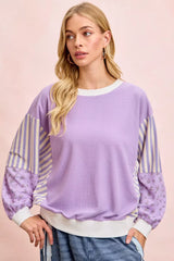 Mix and Match Sweatshirt with Floral Sleeve Striped BiBi LAVENDER COMBO S