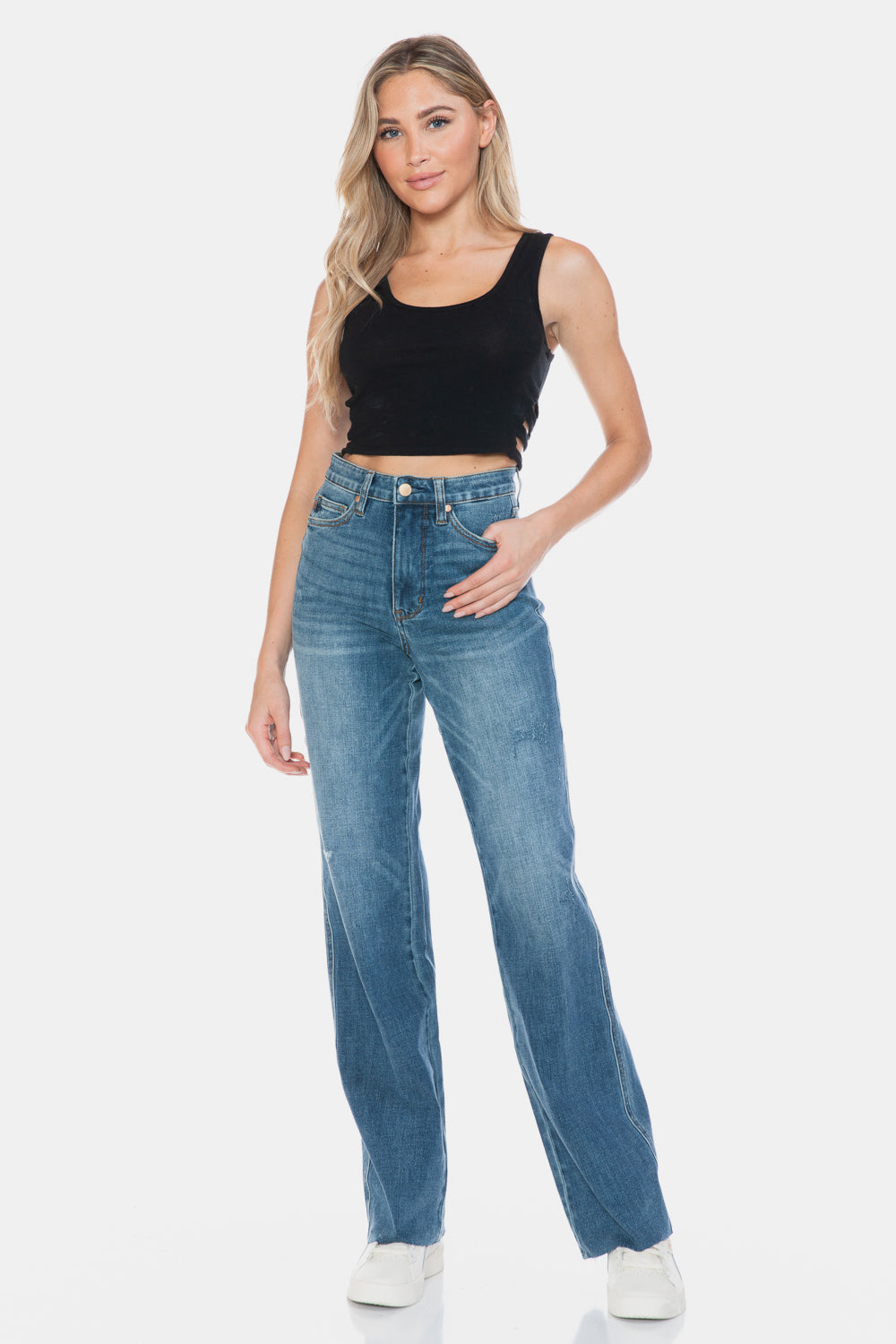 Tummy Control Cut Raw Hem Straight Jeans Judy Blue   