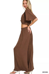 Woven Airflow Twisted Top & Wide Leg Pants Set ZENANA