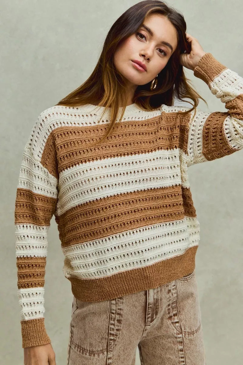 Openwork Round Neck Wide Stripe Textured Sweater So Me