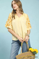 Umgee Gingham Embroidered Balloon Sleeve Top Trendsi LEMON S