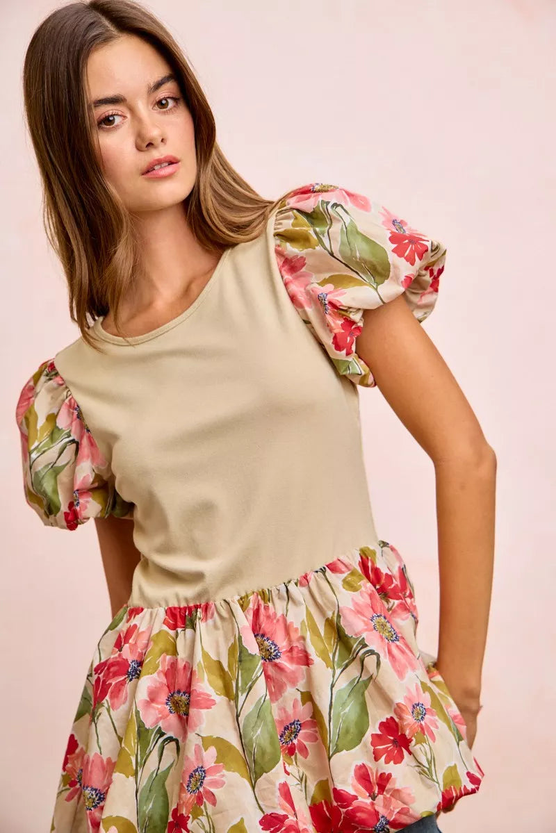 Floral Printed Bubble Sleeves and Hem Peplum Top BiBi