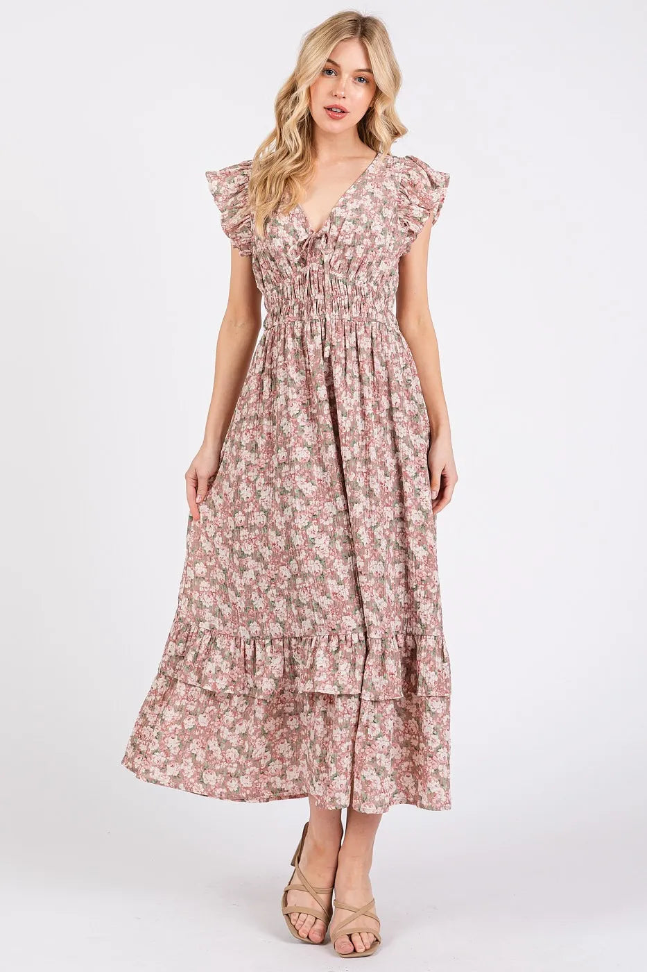 Flower Print Ruffle Cap Sleeve V-neck Midi Dress Mittoshop