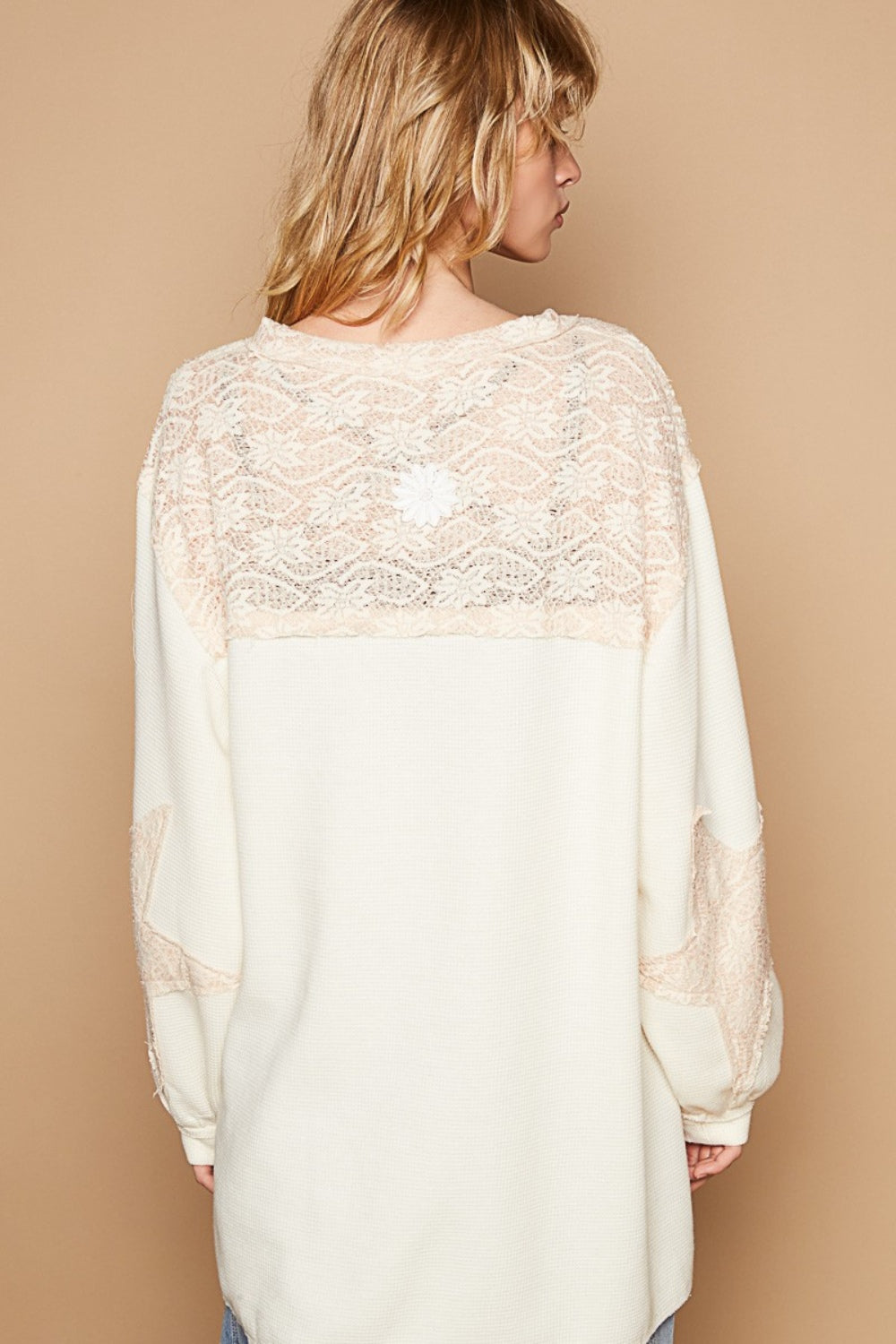 Round Neck Long Sleeve Crochet Patches Top POL   