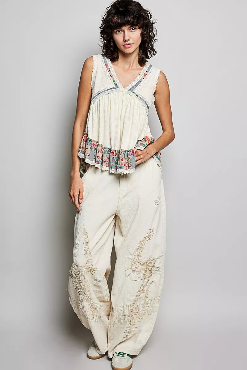 Lace Detail Ruffled Ribbed Sleeveless Top with Floral Pattern Trim Detail POL