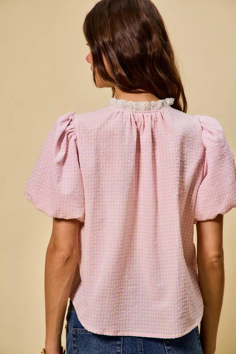 Gingham Lace Trim Button Bubble Sleeves Blouse So Me