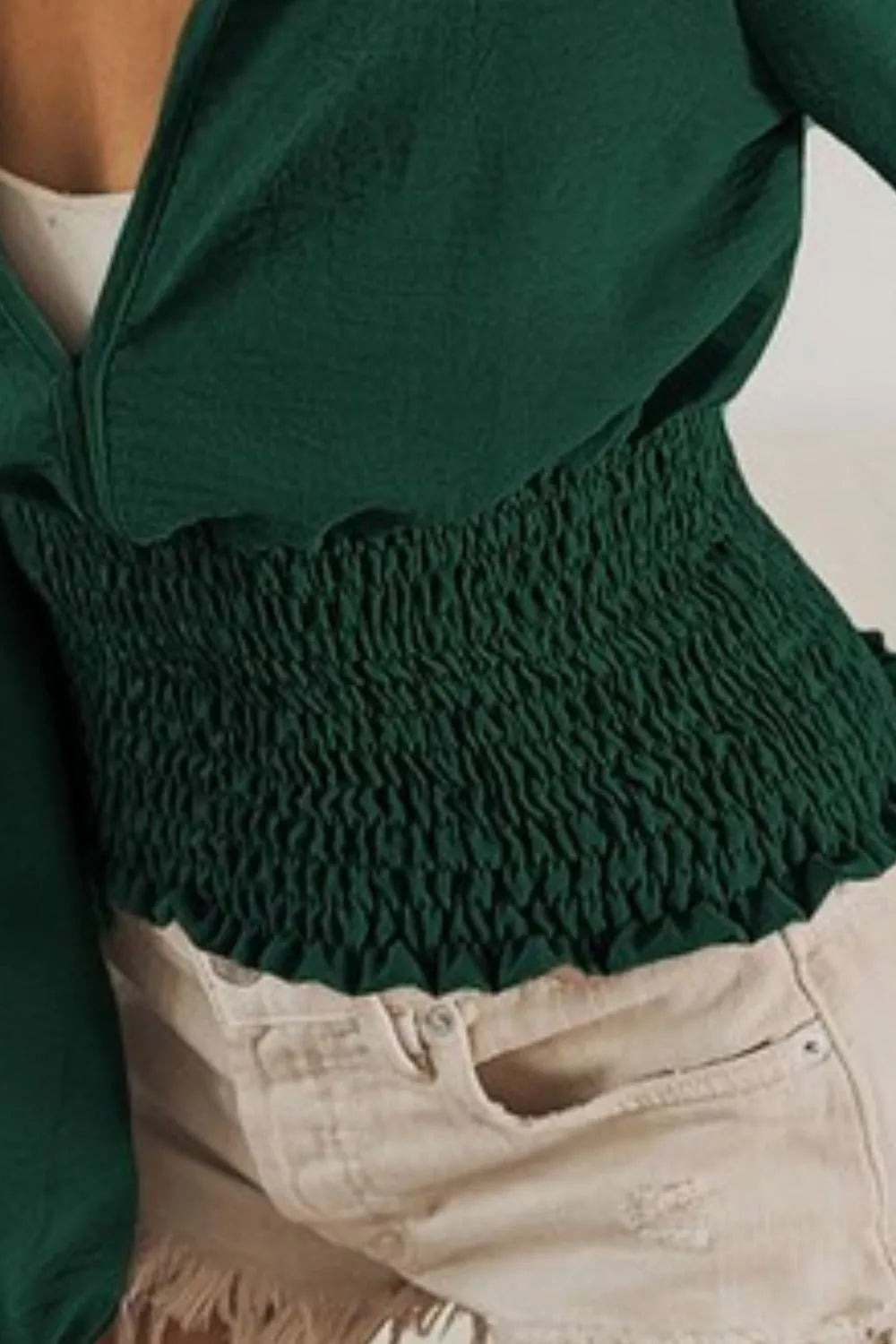 Smocking Waist Band and Puff Sleeves Deep V Neck Top BiBi