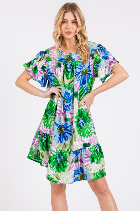 Floral Ruffled Short Sleeve Dress Ces Femme Green S