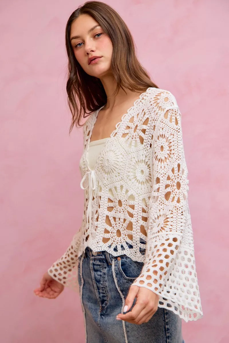 Floral Pattern Crochet Knit Tie Front Crop Cardigan So Me
