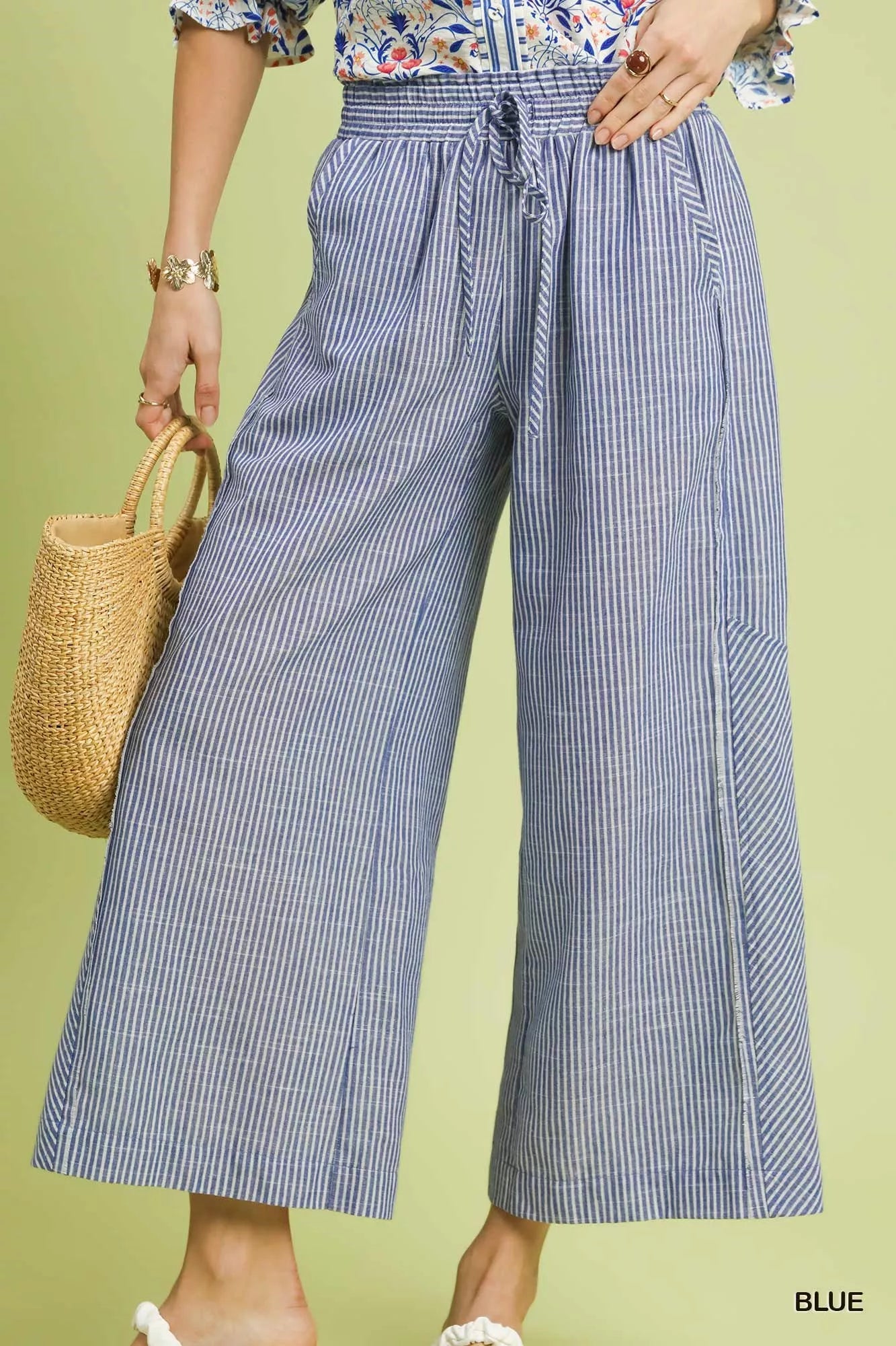 Linen Blend Striped Wide Leg Pants Umgee BLUE S