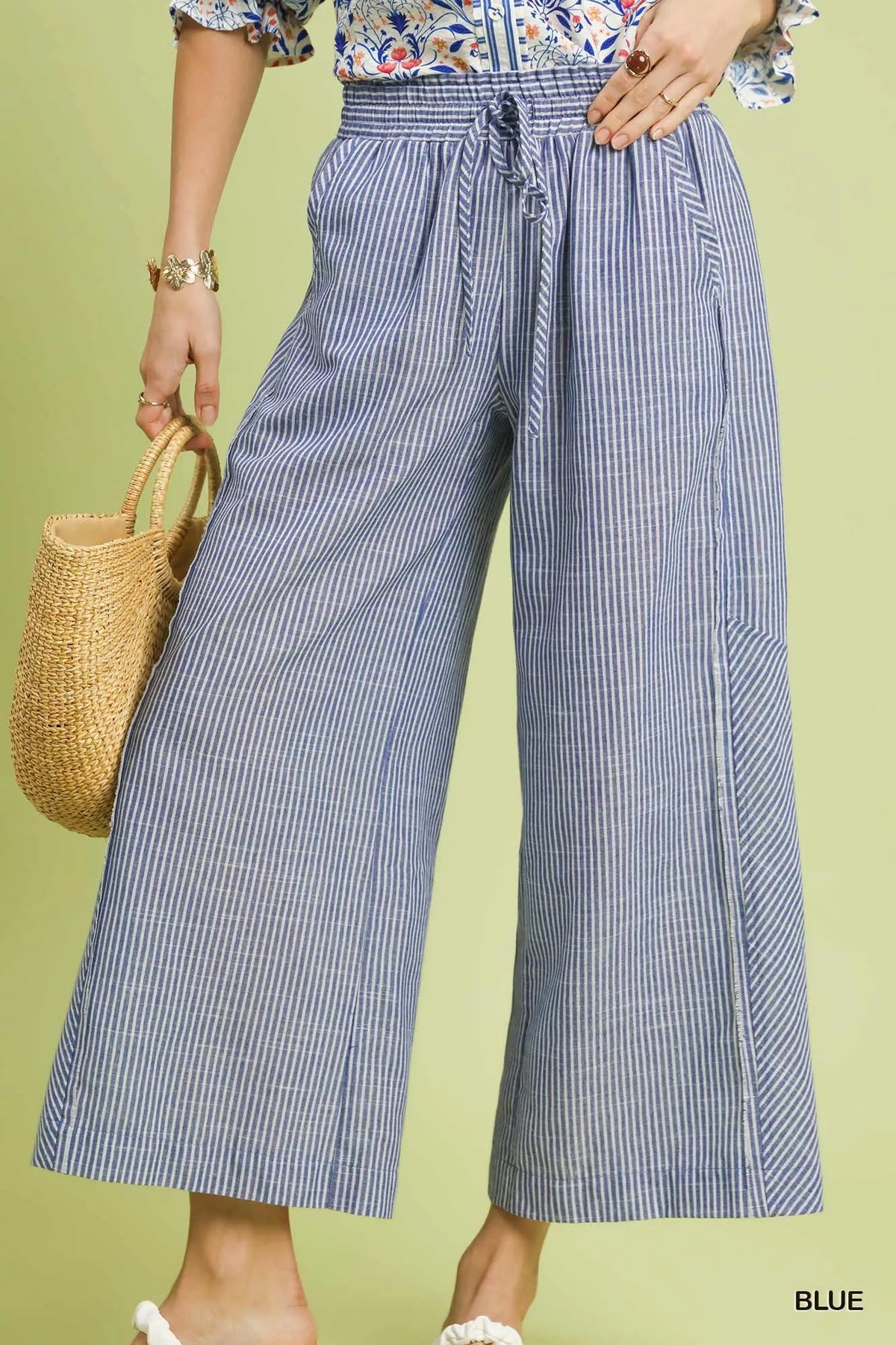 Linen Blend Striped Wide Leg Pants Umgee BLUE S