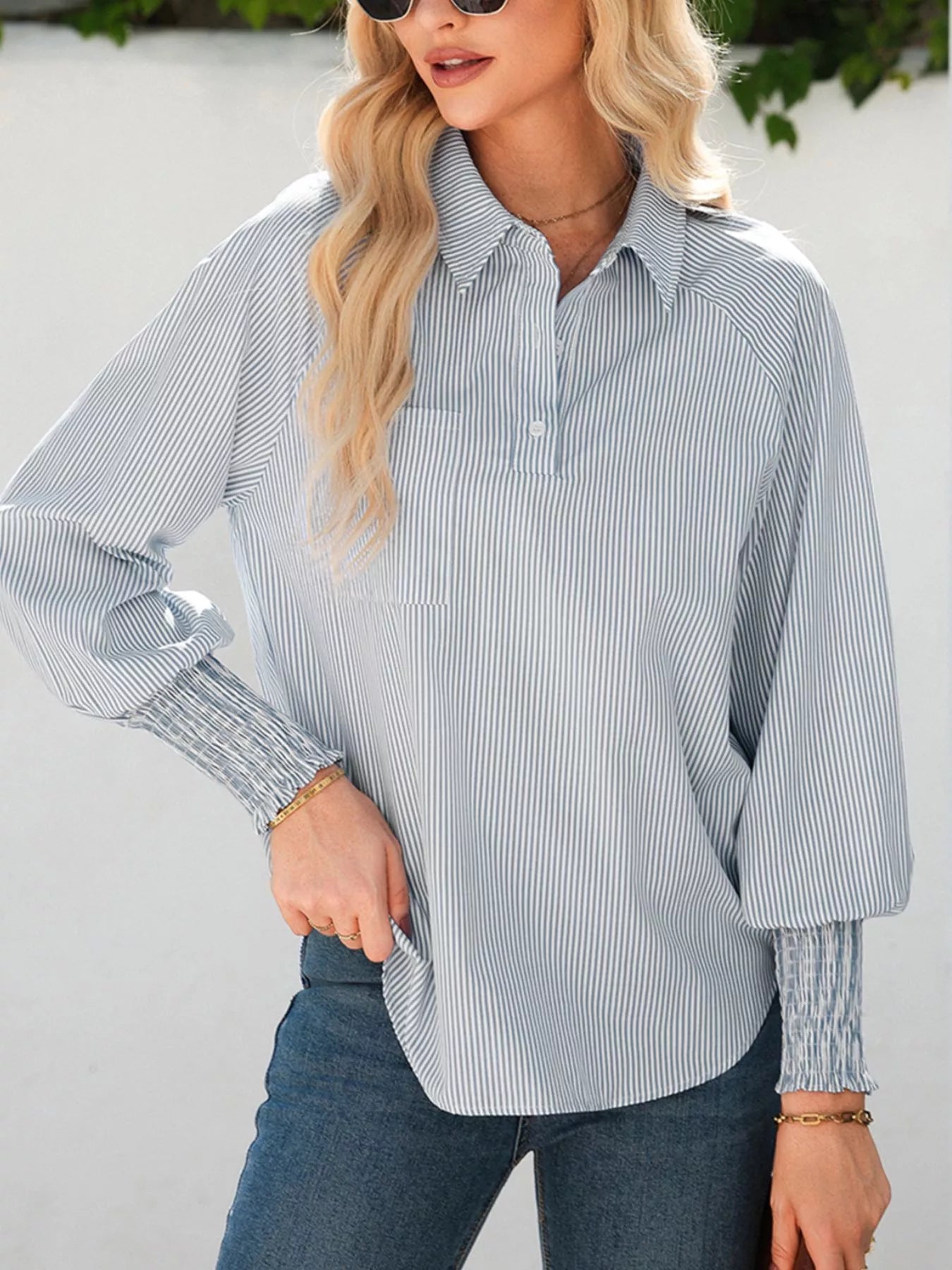 Pinstripe Long Sleeve Smocked Cuffs Button Shirt Collar Blouse Simmer & Fay Gray S