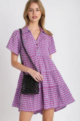 Gingham Tiered Button Detail Short Sleeve Dress Umgee Red-Violet S