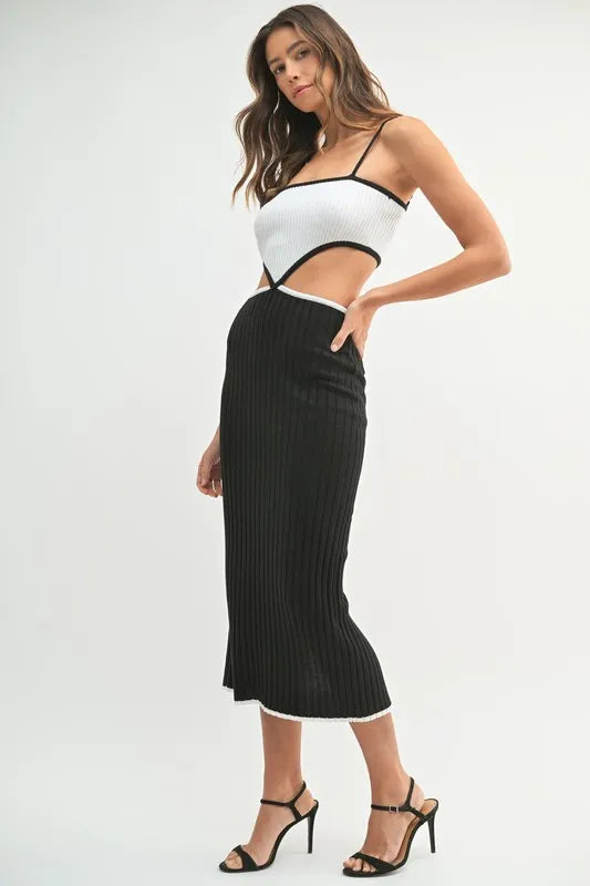 Ribbed Knit Color Block Cutout Midi Dress Mable