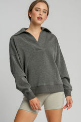 Johnny Collar Dropped Shoulder Sweatshirt Umgee Charcoal S