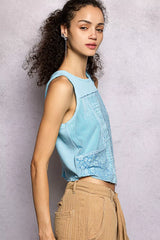 Ribbed Round Neck Cropped Tank with Lace Detail POL