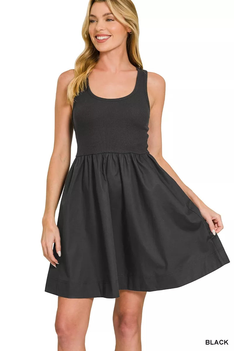 Combined Knit & Woven Midi Dress ZENANA BLACK S