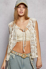 POL Tie Front Floral Pattern Crochet Vest with Scalloped Edge Trendsi