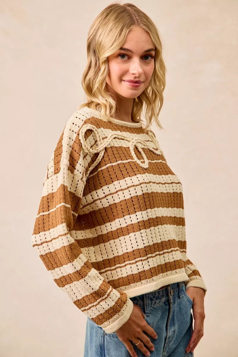 Striped Open Knit Sweater Top with Front Braided Detail BiBi