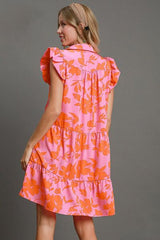 Floral Print Ruffle Cap Sleeve Tiered Dress Umgee