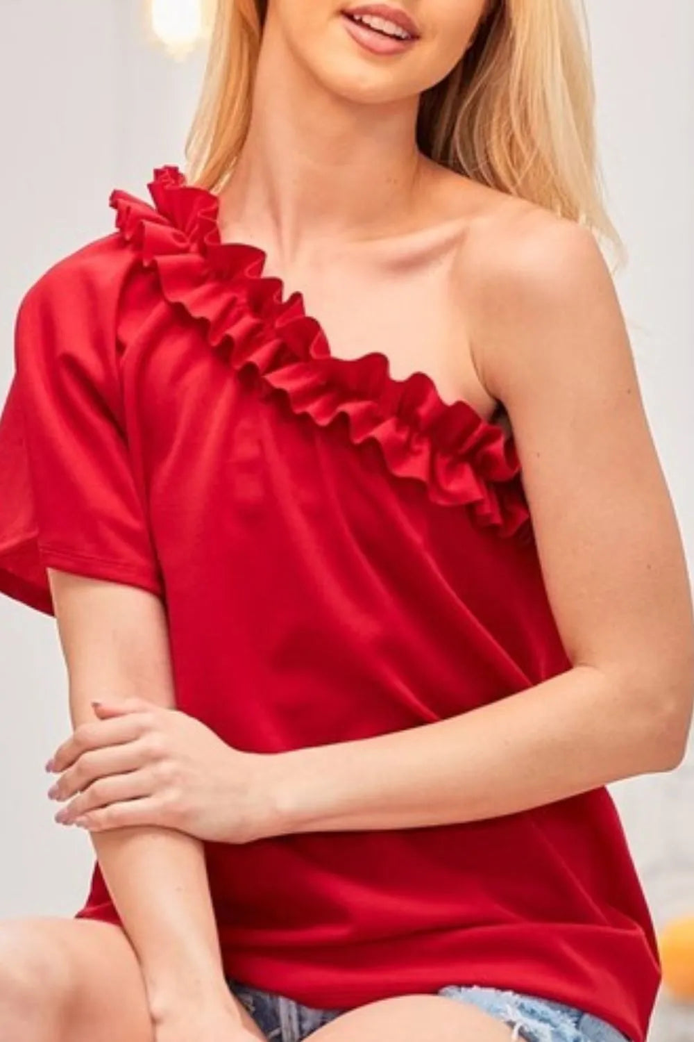 Ruffled Asymmetrical Crepe One Shoulder Top BiBi