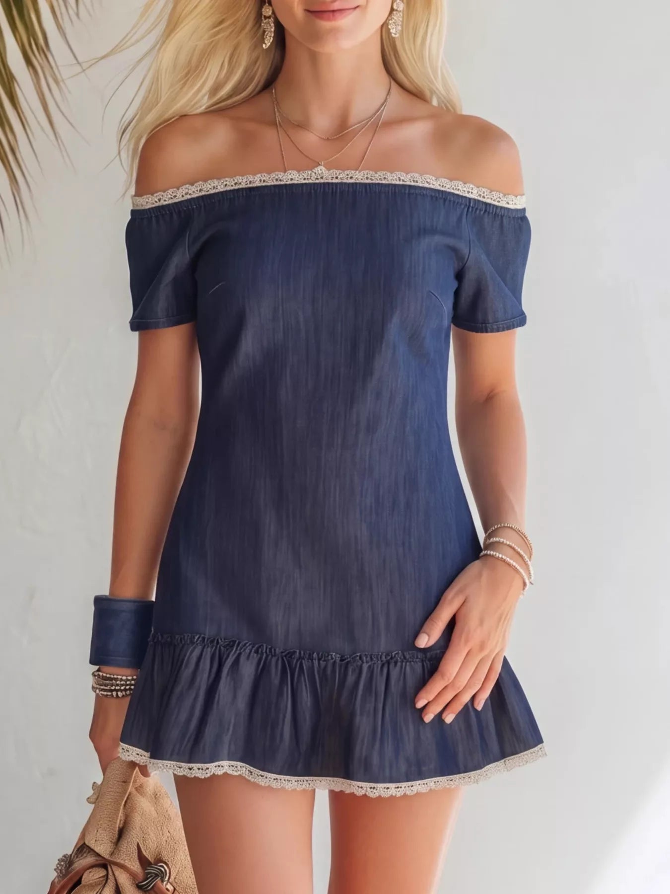 Simmer & Fay lace detail off-shoulder mini dress for women, short sleeve ruffle hem, casual luxe style