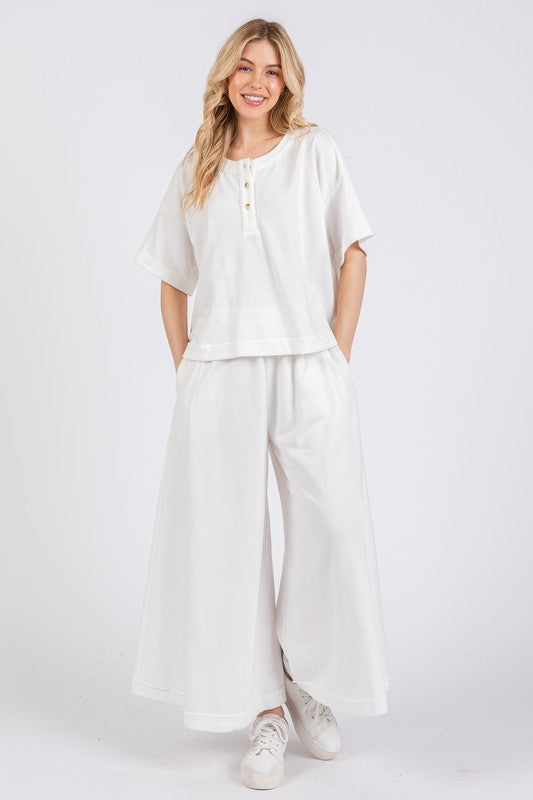 Half Button Half Sleeve Top and Wide Leg Pants Set Ces Femme