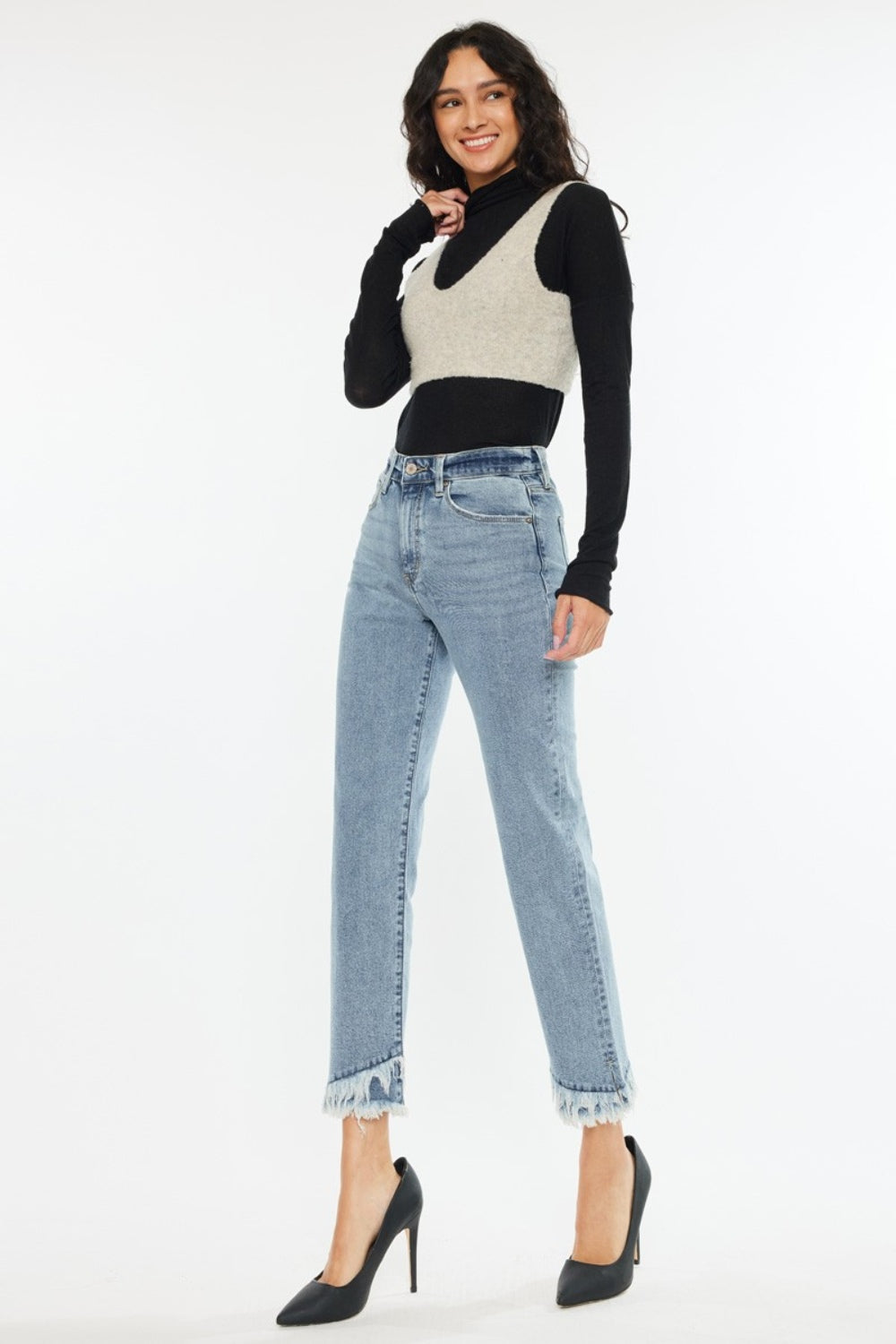 Raw Hem High Rise Straight Jeans Kancan   