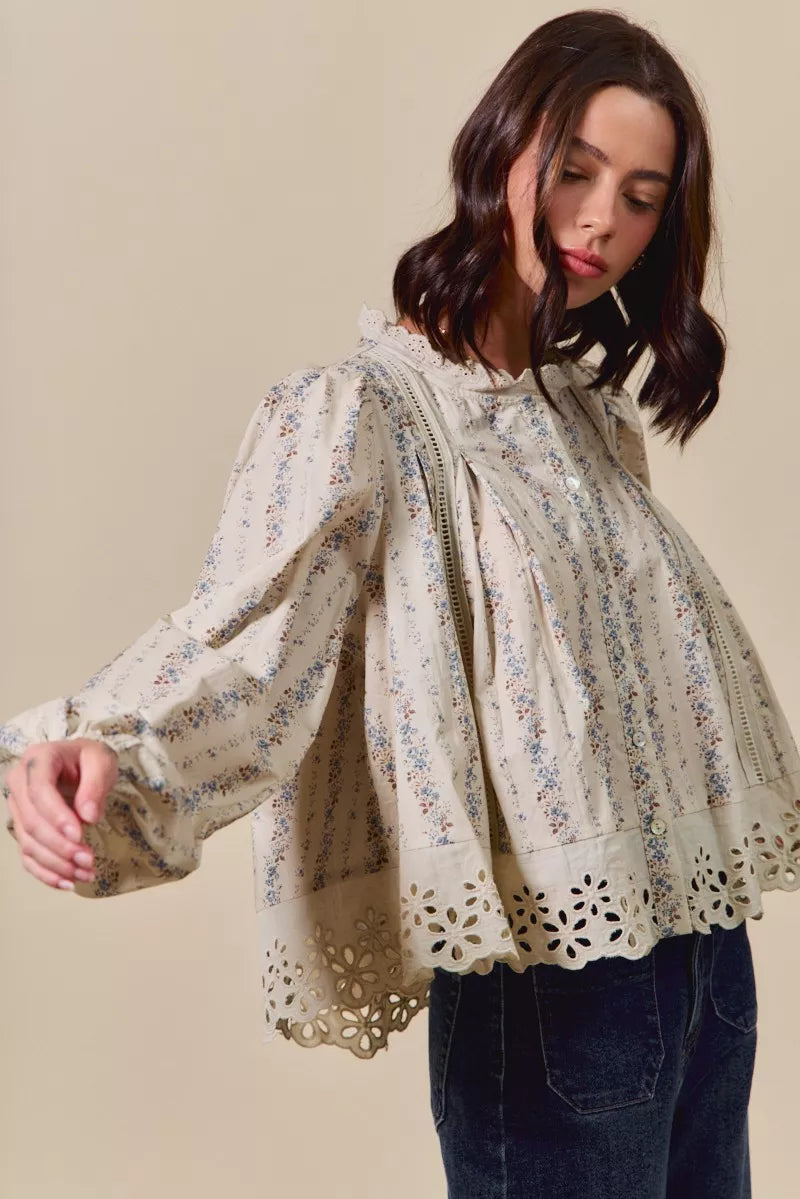 Floral Print Lace Button Down Shirt So Me