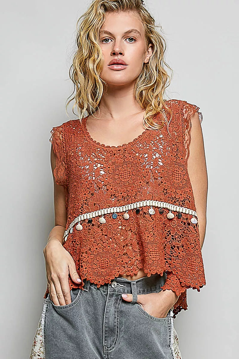 Lace Trim Openwork V-Neck Crochet Tank with Scalloped Edge POL