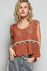 Lace Trim Openwork V-Neck Crochet Tank with Scalloped Edge POL
