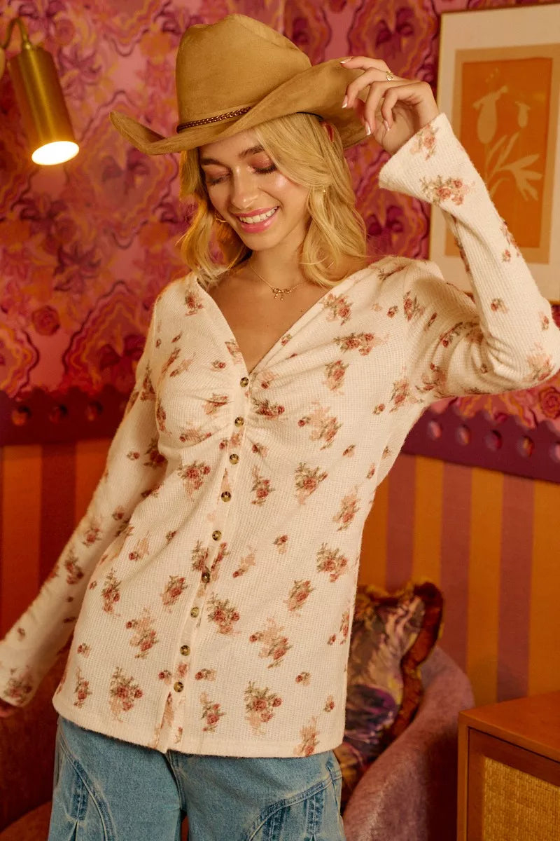 Textured Floral Printed Button Up Shirt With Shrried BiBi