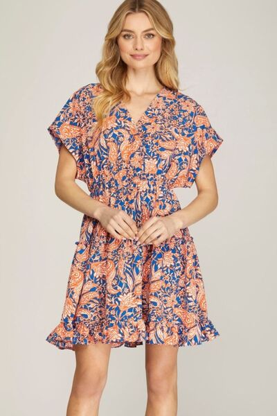 Ruffled Hem Printed Surplice Kimono Sleeve Mini Dress She + Sky Royal Blue S