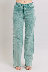 High Waist Garment Dyed Raw Hem Dad Jean Judy Blue SEA GREEN 0(24)